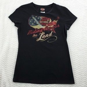 Harley Davidson Women Small Cap Short Sleeve TShirt Black US Flag Columbia SC